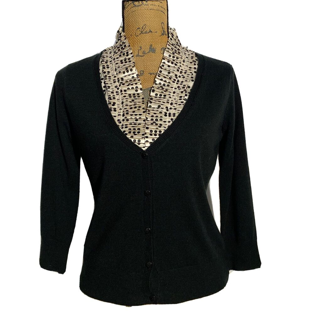 New York & Company NYC Womens S Cardigan Sweater Blouse Set Black Cream Dot Work